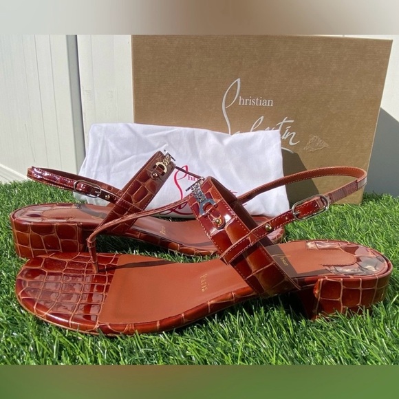 CHRISTIAN LOUBOUTIN MJ THONG CARAMEL BROWN CROC LEATHER SANDALS SZ 39 BLOCK HEEL - Picture 7 of 16